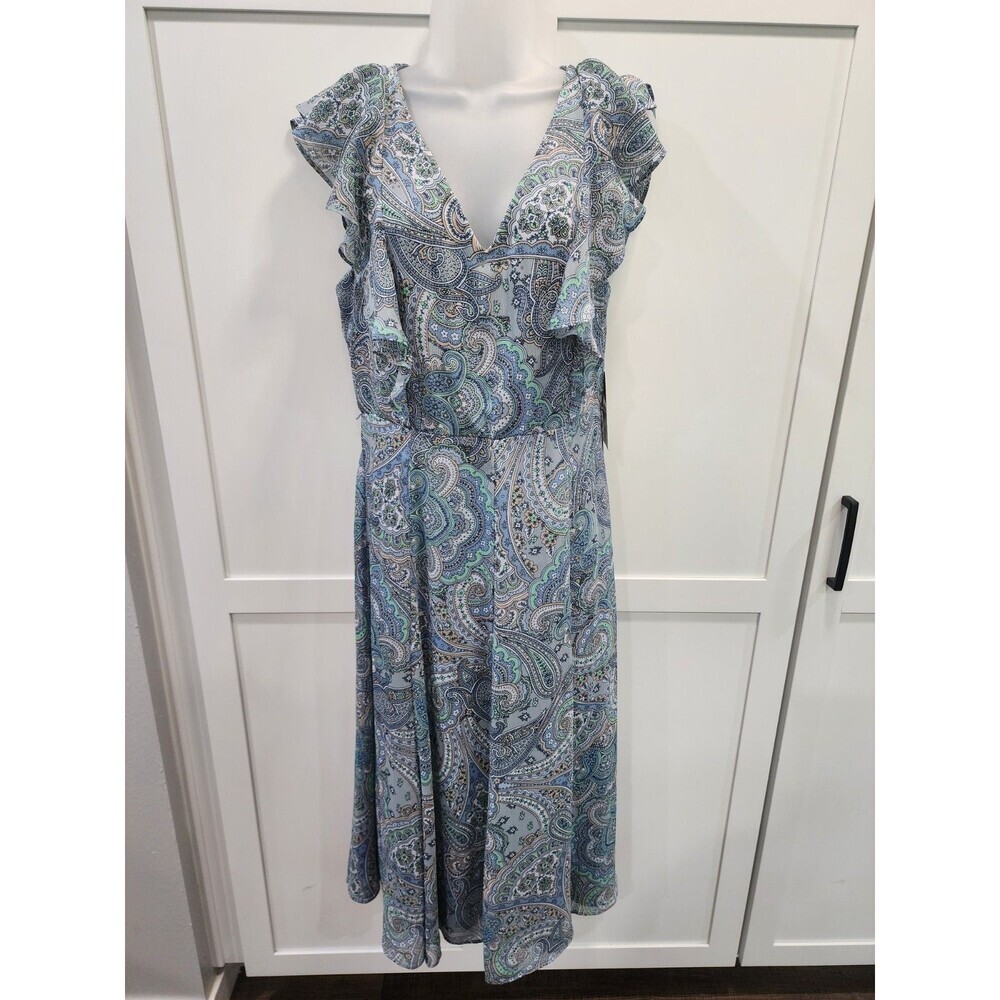 Harper Rose Sleeveless Ruffle Midi Dress Womens 10 Blue Paisley V-Neck Wedding